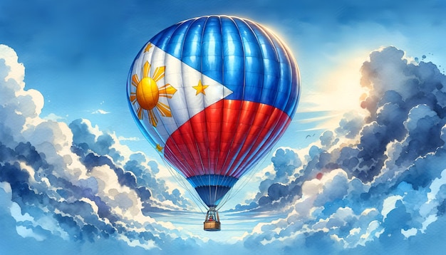 Belas ilustrações em aquarela de balão de ar quente no céu nas cores da bandeira das Filipinas