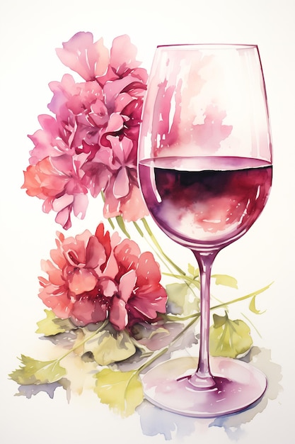 Belas ilustrações em aquarela de um copo de vinho e flores