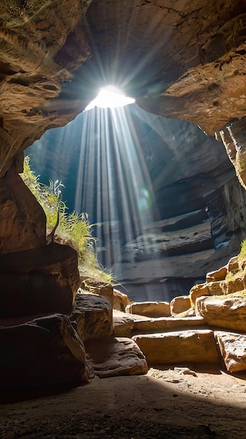 Belas imagens coloridas da caverna com a luz do sol a brilhar através do modelo de cartaz Imagem de fotografia Ai gerada por arte