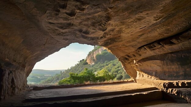 Belas imagens coloridas da caverna com a luz do sol a brilhar através do modelo de cartaz Imagem de fotografia Ai gerada por arte