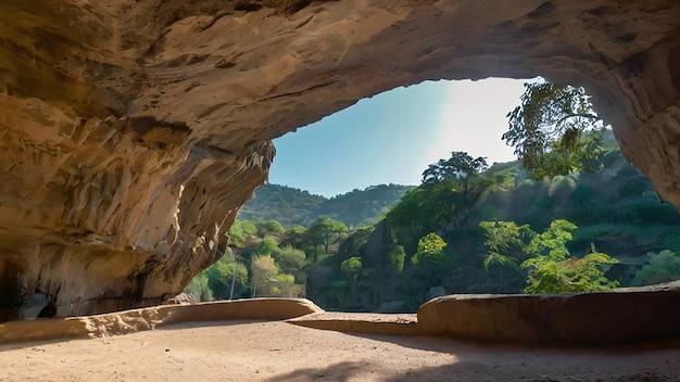 Belas imagens coloridas da caverna com a luz do sol a brilhar através do modelo de cartaz Imagem de fotografia Ai gerada por arte