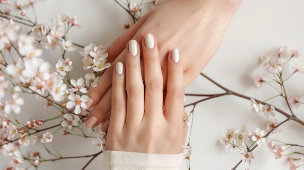 Belas mãos de mulheres com manicure minimalista em fundo branco com flores em flor