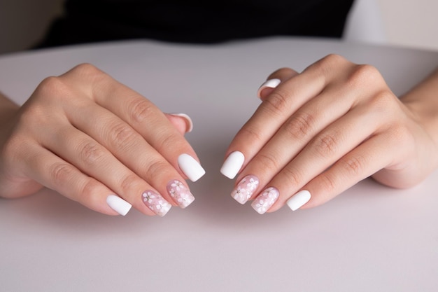 Foto belas mãos femininas com unhas de manicure rosa e branca desenho de flores