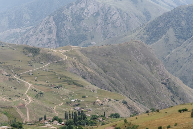 Belas montanhas e vida selvagem ao redor deles em um dia ensolarado.