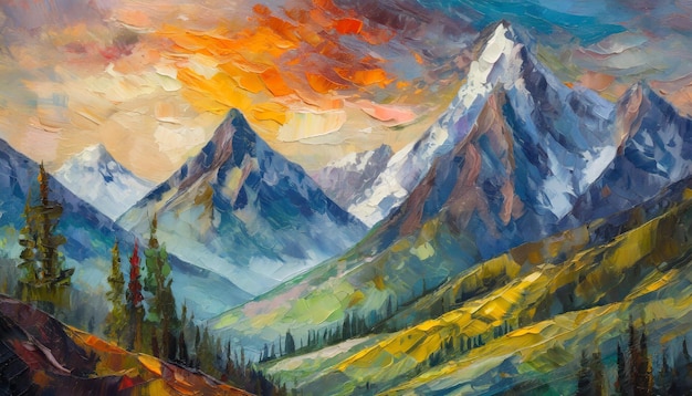 Foto belas montanhas ilustração de paisagem pôr-do-sol nuvens montanhas e florestas florestas perenes