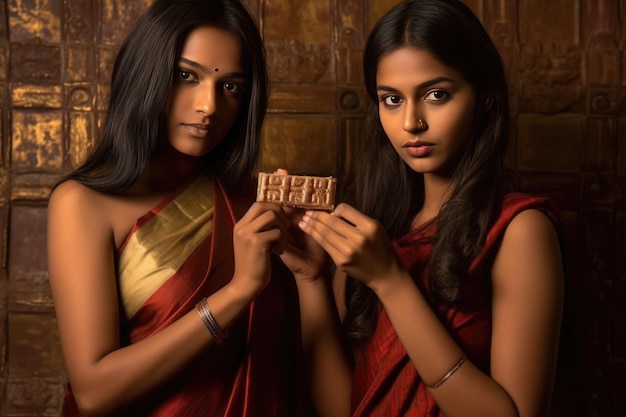 Belas mulheres indianas apresentando uma barra de sabão