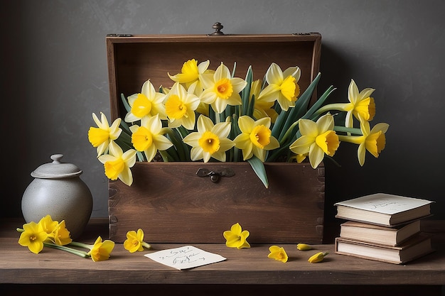 Belas naturezas mortas de primavera com flores de narcisos amarelas brilhantes e cartas de amor de madeira.
