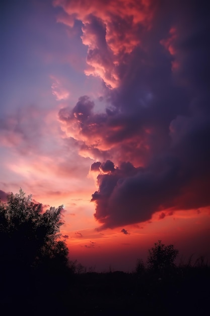 Belas nuvens ao pôr do sol no pôr do sol roxo arranha-céu e nuvens em silhueta