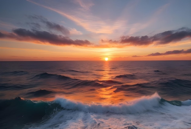 Belas ondas do mar no pôr-do-sol