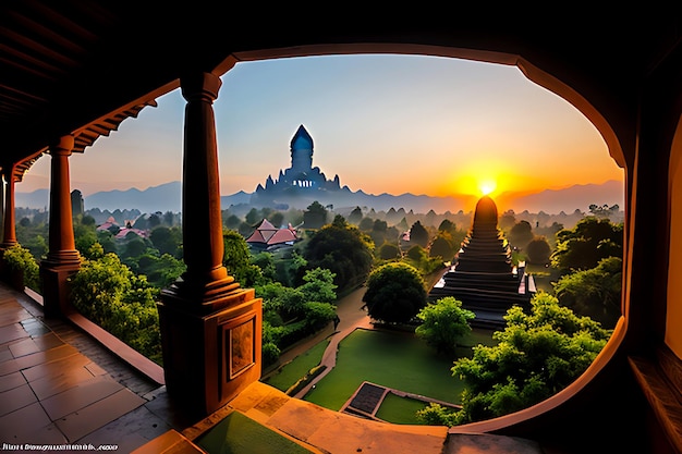 Foto belas paisagens ao nascer do sol wat phra that luang vientiane lao pdr ai gerado