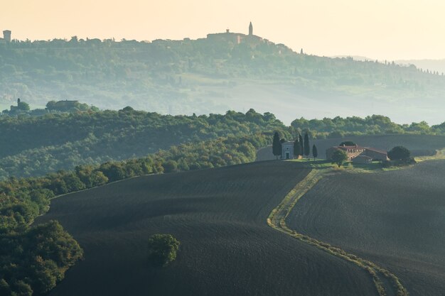 Belas paisagens da Toscana com colinas, vinhas e ciprestes na estrada