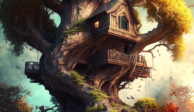 Belas paisagens de fantasia criativas fotos de casas na árvore Imagem gerada por IA