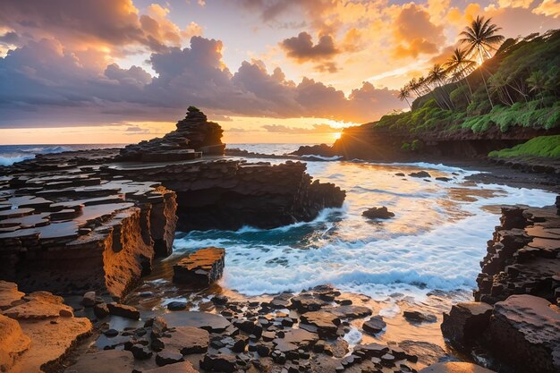 Belas paisagens de formações rochosas à beira-mar no Queens Bath Kauai Havaí ao pôr do sol