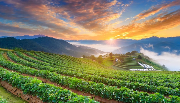 Belas paisagens de nascer do sol com vista para o campo de morangos