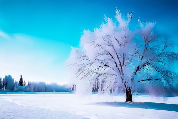 Belas paisagens de Natal de inverno com nevascas e uma bela árvore fofa na geada