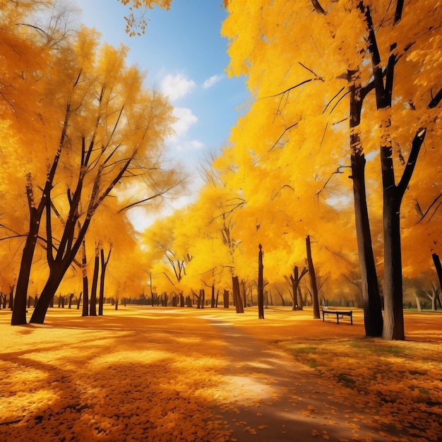 Belas paisagens de outono coloridas e brilhantes com um tapete de folhas amarelas