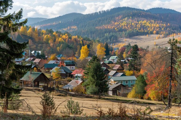 Belas paisagens de outono em uma aldeia da Transcarpátia com as montanhas dos Cárpatos