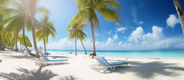 Belas paisagens de palmeiras com cadeiras de sol em praias tropicais em fundo imagem gerada por IA