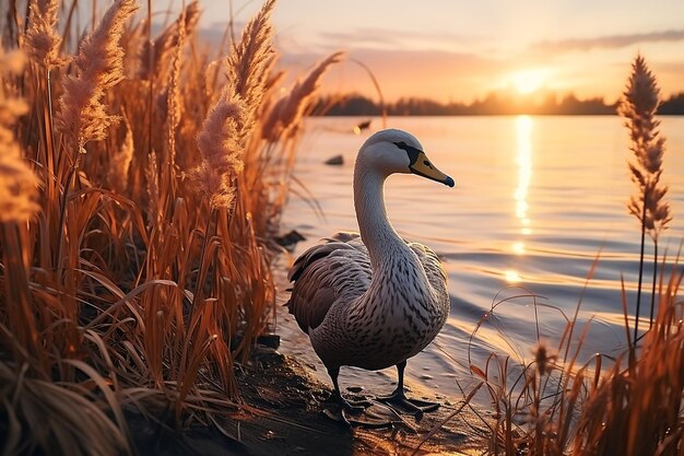 Belas paisagens de plantas Fragmites à beira-mar com um pelicano nadando ao pôr do sol