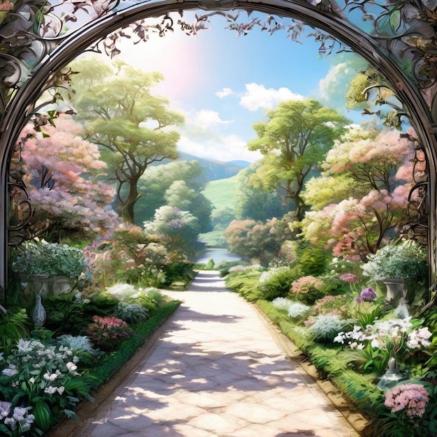 Belas paisagens de primavera com caminhos e flores Ilustração de pintura digital