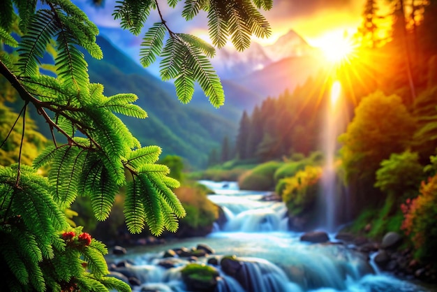 Belas paisagens de primavera com rios de montanha e sol brilhante Papel de parede da natureza