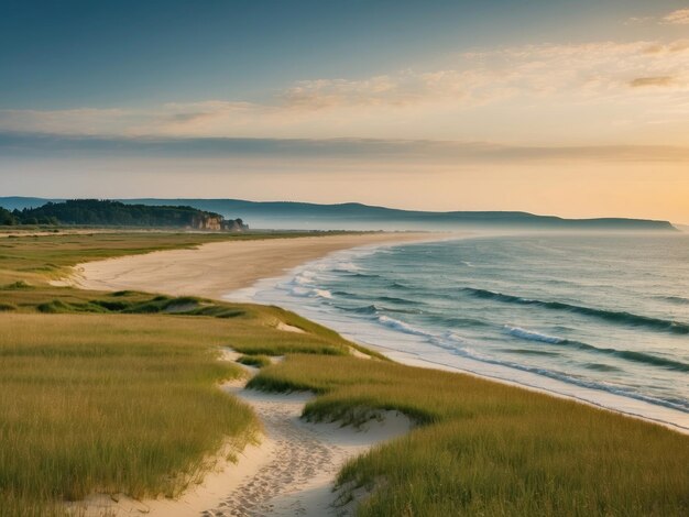 Belas paisagens marinhas com dunas de areia e mar ao pôr-do-sol ameno