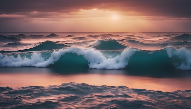 Foto belas paisagens marinhas com ondas no mar ao pôr-do-sol