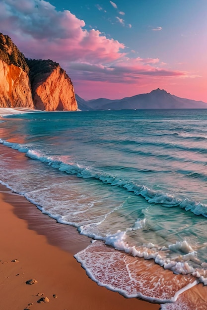 Foto belas paisagens montanhas mar praia céu azul nuvens brancas fundo de papel de parede de paisagem marítima