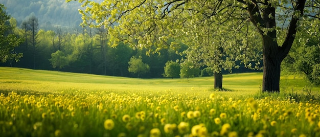 Belas paisagens naturais de primavera com árvores em flor prado colinas verdes glade com flores em s