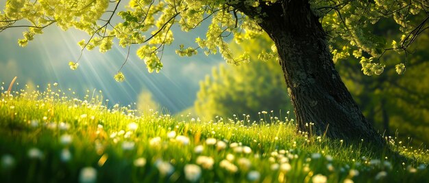 Foto belas paisagens naturais de primavera com árvores em flor prado colinas verdes glade com flores em s