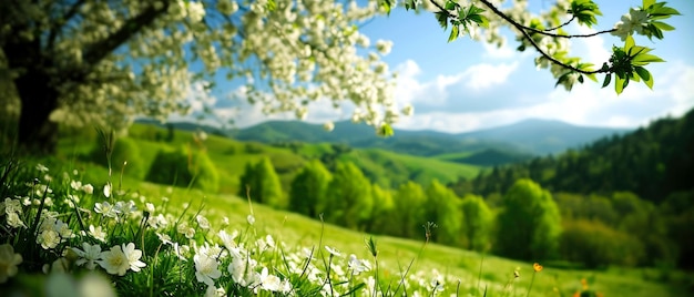 Belas paisagens naturais de primavera com árvores em flor prado colinas verdes glade com flores em s