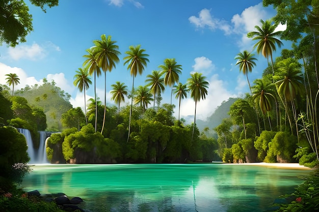Belas paisagens naturais florestas e palmeiras com o lago