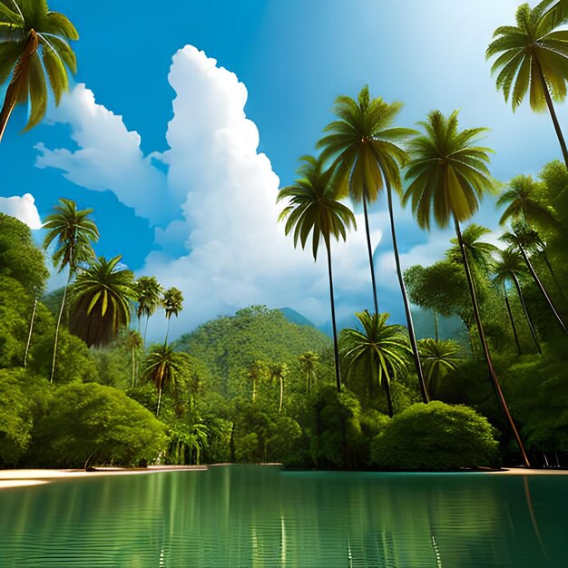 Belas paisagens naturais florestas e palmeiras com o lago