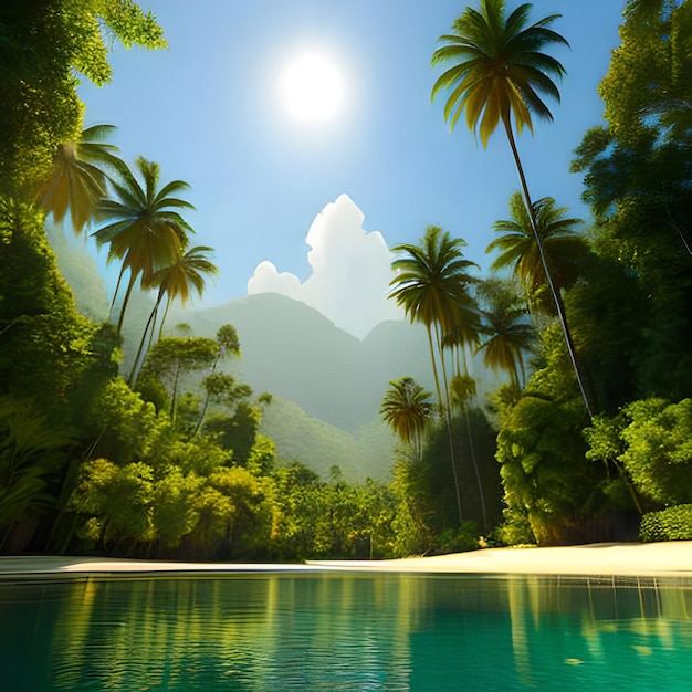 Foto belas paisagens naturais florestas e palmeiras com o lago