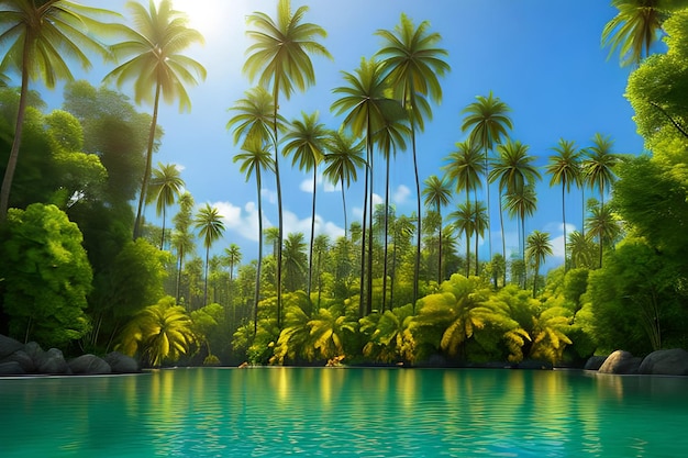 Belas paisagens naturais florestas e palmeiras com o lago
