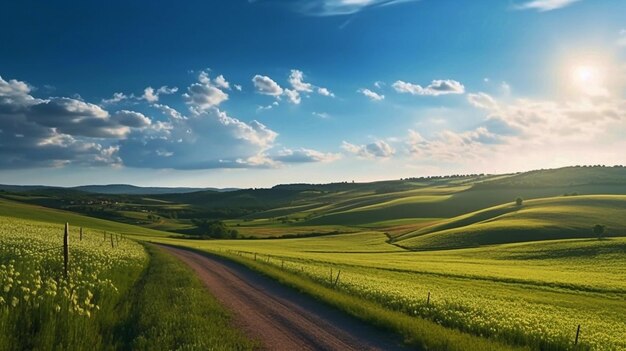 Belas paisagens naturais rurais de verão com campos de trigo jovem céu azul com nuvens