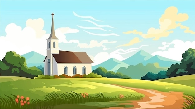 Belas paisagens rurais com igreja e prado Ilustração vetorial