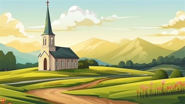 Belas paisagens rurais com igreja e prado Ilustração vetorial