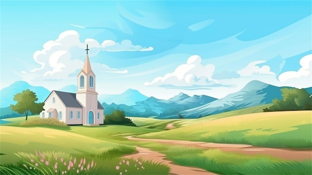 Belas paisagens rurais com igreja e prado Ilustração vetorial