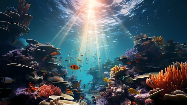 belas paisagens subaquáticas com vários tipos de peixes e recifes de corais