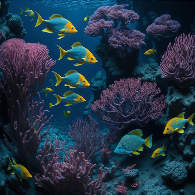 belas paisagens subaquáticas com vários tipos de peixes e recifes de coral