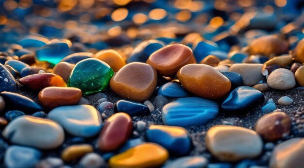 Foto belas pedras coloridas da praia no lado da praia com ondas à noite pedras de fósforo