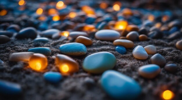 Foto belas pedras coloridas da praia no lado da praia com ondas à noite pedras de fósforo