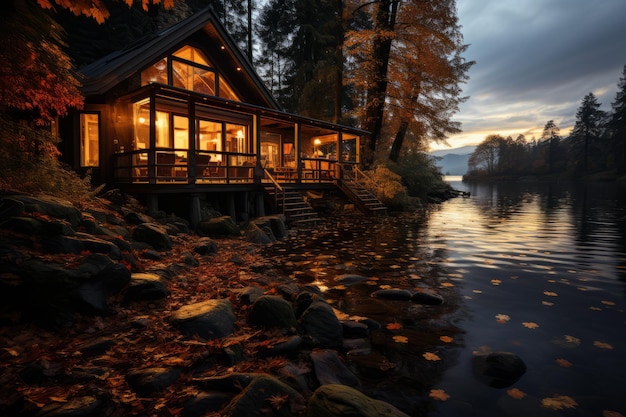 Belas pinturas digitais atmosféricas feliz sentimento de relaxamento Casa perto de um lago Casa de madeira tranquila e pacífica na natureza Foto de alta qualidade