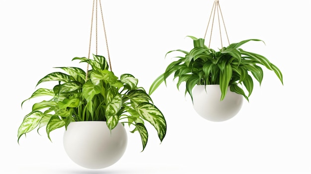 Belas plantas penduradas em vasos de cerâmica isolados em fundo branco