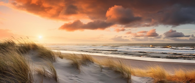 Belas praias de dunas ao pôr-do-sol Mar do Norte Alemanha