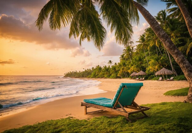 Belas praias tropicais e mar com palmeiras de coco ao pôr do sol conceito de férias de férias