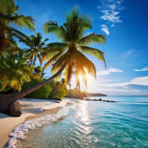 Foto belas praias tropicais e mar com palmeiras de coco na ilha do paraíso