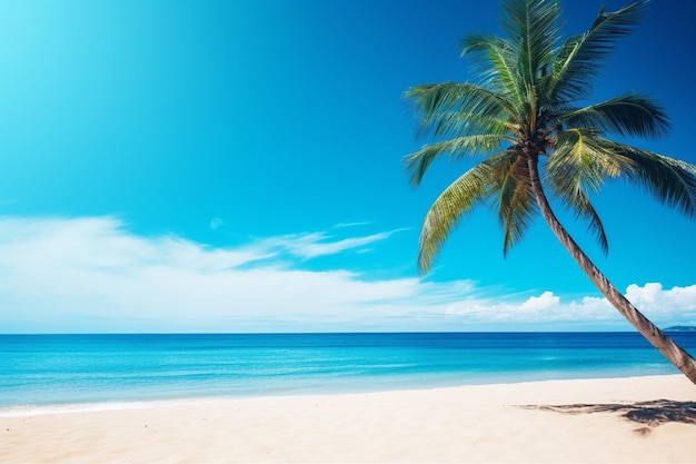 Belas praias tropicais, mar e areia, com palmeiras de coco no céu azul e nuvens brancas.