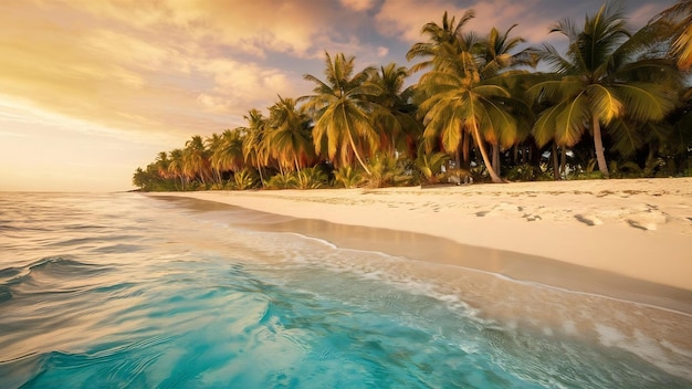 Belas praias tropicais, mar e oceano com palmeiras de coco ao nascer do sol.